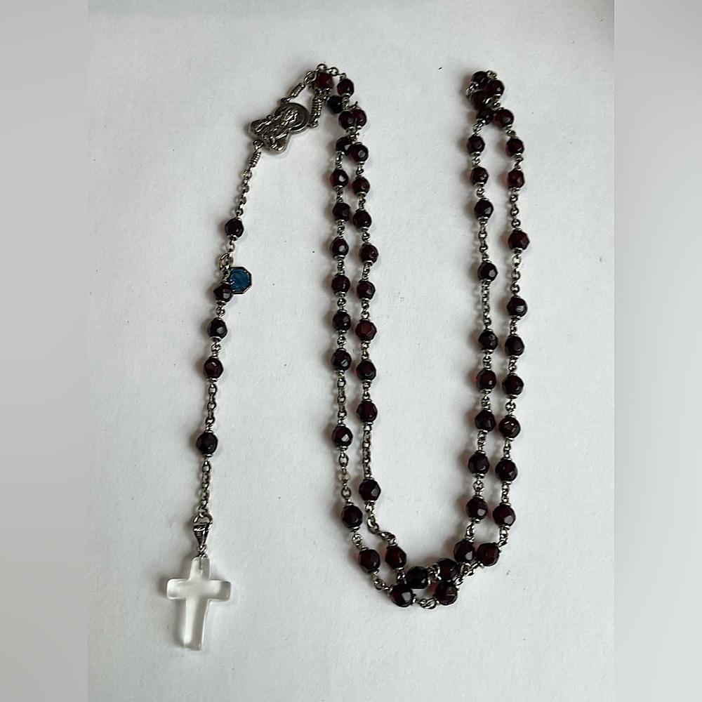 Vintage Silver Tone Glass Garnet Rosary Necklace 28” length